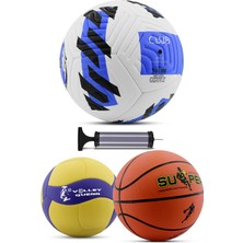 AKS 4'lü Set Basketbol Voleybol Sert Zemin Club Futbol Topu Top Şişirme Pompası Seti MAVI-018