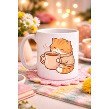 Sevimli Kedi Tasarımlı Porselen Kupa Model 188 – Kahve Içen Tatlı Kedi Figürlü Kahve Kupası – Kedi Severlere Hediye Kupa Bardak
