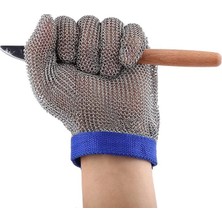AKS Mallart® Paslanmaz Çelik Örme Kesilmez Eldiven 24X11 cm - Seviye 5 Koruma, Kasap, Mutfak, Istiridye Soyma, Ahşap Oyma ve Endüstriyel Çelik Örgü Iş Eldiveni, Mavi Ayarlanabilir Kayışlı