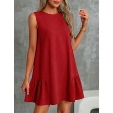 Nake Butik Sıfır Yaka Kolsuz Etek Ucu Fırfırlı Sırtı Fermuarlı Mini Elbise