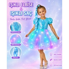 Bemora Kids Payetli Mavi Işıklı Elbise Işıklı Saç 2 Li Takım Kostüm Elsa Prenses Düğün Bayram Parti Doğum Günü Özel Gün