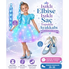 Bemora Kids Payetli Mavi Işıklı Elbise Işıklı Saç Elsa Mavi Topuklu Ayakkabı 3 Lü Takım Kostüm Elsa Prenses Düğün Bayram Parti Doğum Günü Özel Gün