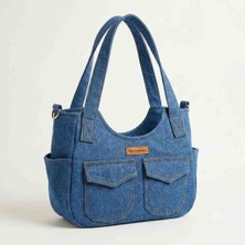Mavicenza Kadın Mavi El Yapımı Denim Omuz Çantası | Çok Gözlü Kot Çanta