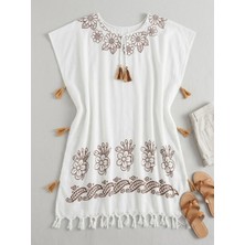 Kadın Beyaz Çiçek Desenli Püsküllü Plaj Elbisesi & Pareo - Etantik Mini Kaftan