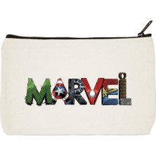 Designedfy Clutch Marvel Baskılı Bez Makyaj Çantası Kalemlik El Çantası