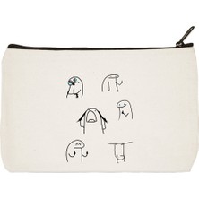 Designedfy Baskılı Krem Renkli Bez Makyaj Çantası Kalemlik El Çantası 21x15cm Kullanıma Uygun