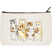 Designedfy Clutch Pizzacı Kediler Baskılı Bez Makyaj Çantası, Kalemlik, El Çantası