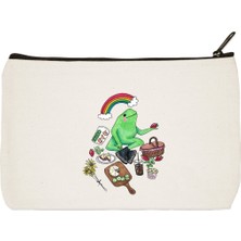 Designedfy Clutch Piknikçi Kurbağa Baskılı Bez Makyaj Çantası, Kalemlik, El Çantası