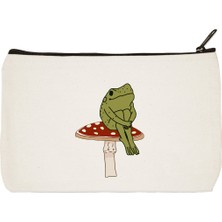 Designedfy Clutch Kurbağa Baskılı Bez Makyaj Çantası, Kalemlik, El Çantası