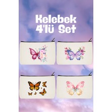 Designedfy Kelebek Baskılı 4'lü Makyaj Çantası, Kalemlik, Cüzdan