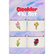 Designedfy Kampanyalı Çiçekler Set 3 Baskılı 4'lü Makyaj Çantası, Kalemlik, Cüzdan