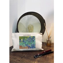 Designedfy Van Gogh Irises Baskılı Makyaj Çantası Krem Renkli Kalemlik ve El Çantası Olarak Kullanım