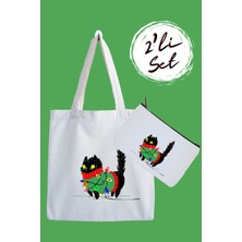 Designedfy Kedi Su Geçirmez Bez Çanta ve Kalemlik 2'li Avantaj Seti