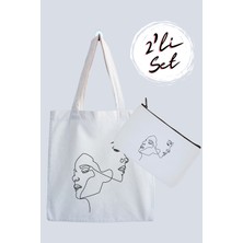 Designedfy Faces Line Su Geçirmez Bez Çanta ve Kalemlik 2'li Avantaj Seti