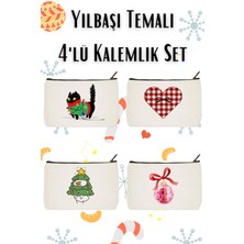 Designedfy 4'lü Yılbaşı Temalı Kalemlik Seti Pamuk Malzemeden Üretilmiş Şık Makyaj Çantası
