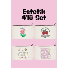 Designedfy Estetik Baskılı 4'lü Makyaj Çantası, Kalemlik, Cüzdan