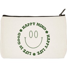 Designedfy Happy Mind Baskılı Bez Makyaj Çantası, Kalemlik, El Çantası