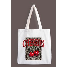 Designedfy Leopar Cherries 2 Baskılı Bez Çanta, Tote Bag