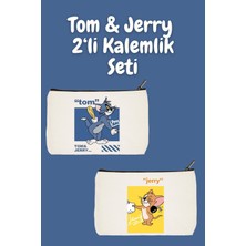 Designedfy Tom ve Jerry Çift 2'li Makyaj Çantası Avantaj Seti, Kalemlik, Cüzdan, Bez Çanta
