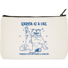 Designedfy Karma Is A Cat Baskılı Bez Makyaj Çantası Kalemlik El Çantası