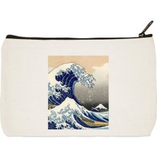 Designedfy Hokusai Baskılı Bez Makyaj Çantası, Kalemlik, El Çantası