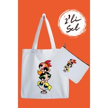 Designedfy Powerpuff Girls Su Geçirmez Bez Çanta ve Kalemlik 2'li Avantaj Seti