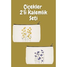 Designedfy Sarı ve Mor Çiçekler 2'li Makyaj Çantası Avantaj Seti, Kalemlik, Cüzdan, Bez Çanta
