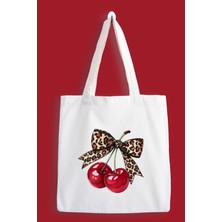 Designedfy Leopar Kiraz Su Geçirmez Baskılı Bez Çanta, Tote Bag