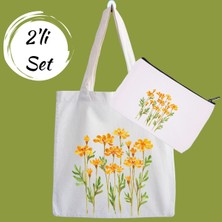 Designedfy Flowers Kampanyalı 2'li Bez Çanta ve Makyaj Çantası Seti