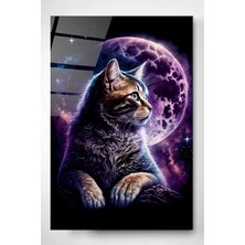 Marsilyan Kedi ve Dolunay Modern Dekoratif Cam Duvar Tablosu | Duvar Sanatı | Seri 4ZO735
