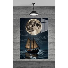 Marsilyan Gemi ve Dolunay Dekoratif Cam Duvar Tablosu | Modern Salon Dekoru | Seri Sxujc5