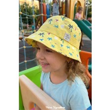 PIECE SIGNATURE %100 Pamuk, Kız Çocuk, Palmiye Baskılı Bucket Şapka ( Size, 52 ) ( 4-8 Yaş )