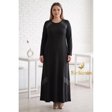 Hermevsim Wearon Kadın Pera Taş ve Parlak Deri Detaylı Yumuşak Penye Uzun Kollu Siyah Elbise
