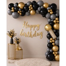Meri Parti Manifest Temalı Siyah Gri Gold Balon Zinciri Seti – 75 Parça Happy Birthday Mikrofon Temalı Dekorasyon Mikrofon Folyo Balon