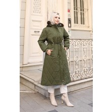 Samara Büyük Beden Beli Bağcıklı Kapüşonlu Mont 6343-03 Haki
