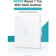 Bseed Beyaz 1 Tuş Wifi Akıllı Dokunmatik Anahtar – Tuya Smart Life, Alexa Google, Nötr Hatlı