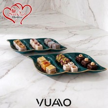Vuao 2'li Gold Yaldızlı Yeşil Porselen Bölmeli Sunum Tabağı Seti 3 Bölmeli Çerezlik Kahvaltılık Sosluk Mezelik Şık Ikramlık Tabak Lüks Mutfak Masası Sunumluk Çeyizlik Hediye