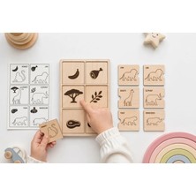 IdeaFabric Ahşap Hayvan Eşleştirme Montessori Mantık Oyunu Kart Seti (Beslenme / Kuyruk / Ayak Izi Temalı)