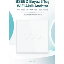 Bseed Beyaz 3 Tuş Wifi Akıllı Dokunmatik Anahtar – Tuya Smart Life, Alexa Google, Nötr Hatlı