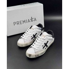 Premiata Siyah Detaylı Beyaz Eskitme Taban Bağcıklı Unisex Günlük Sneaker Spor Ayakkabı