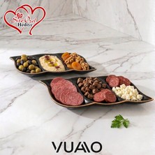 Vuao 2'li Gold Yaldızlı Siyah Porselen Bölmeli Sunum Tabağı Seti 3 Bölmeli Çerezlik Kahvaltılık Sosluk Mezelik Şık Ikramlık Tabak Lüks Mutfak Masası Sunumluk Çeyizlik Hediye