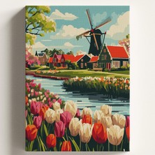 Happy Trend Sayılarla Boyama Tuval Hobi Seti Yel Değirmeni Laleler Temalı Fırça ve Boya Dahil Set (Çıtalı) 40X50 cm Kendin Yap Sayılarla Tuval Boya Kiti (Kasnaklı)