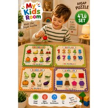 My Kids Room 4'lü Ahşap Puzzle Seti Eğitici Öğretici Bul Tak Yapboz Meyveler Sebzeler Sayılar Şekiller