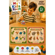 My Kids Room 2'li Ahşap Puzzle Seti Eğitici Öğretici Bul Tak Yapboz Dinozorlar ve Orman Hayvanları
