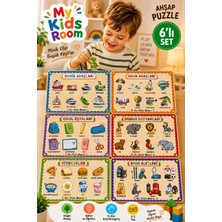 My Kids Room 6'lı Ahşap Puzzle Seti Eğitici Öğretici Bul Tak Yapboz Deniz Araçları Hava Araçları Okul Eşyaları Orman Hayvanları Yiyecekler Spor Aletleri