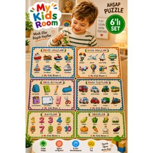 My Kids Room 6'lı Ahşap Puzzle Seti Eğitici Öğretici Bul Tak Yapboz Deniz ve Hava Araçları Okul Eşyaları Kara Taşıtları Sayılar Sebzeler