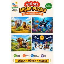 My Kids Room 4'lü Ahşap Puzzle Seti Eğitici Öğretici Bul Tak Yapboz Çocuk Oyuncağı 2+ Yaş 16X12 cm
