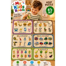 My Kids Room 6'lı Ahşap Puzzle Seti Eğitici Öğretici Bul Tak Yapboz Yiyecekler Çiftlik Hayvanları El Aletleri Kara Taşıtları Sayılar Sebzeler