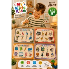 My Kids Room 4'lü Ahşap Puzzle Seti Eğitici Öğretici Bul Tak Yapboz El Aletleri Müzik Okul ve Spor