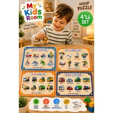 My Kids Room 4'lü Ahşap Puzzle Seti Eğitici Öğretici Bul Tak Yapboz Deniz Araçları Hava Araçları Iş Makineleri Kara Taşıtları